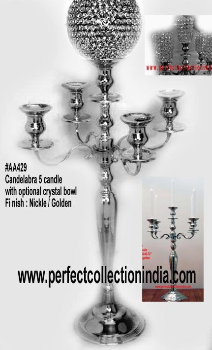 XXL Candelabra - Metal 32-40" Silver/Nickel/Gold/Black/White, 5 Candle Holders with Bowl Attachment and Crystal Shade