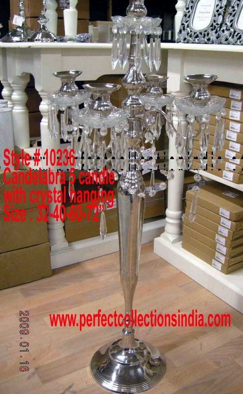Designer Candle Holder - Metal Crystal 40cm Silver, 5-Arm Candelabra with Hanging Crystals