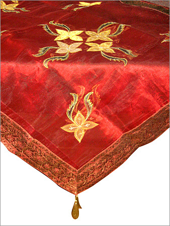 Tissue Patch Table Cover - Silk Blend 50x50 Inches Red, Gold Thread Embroidery, Elegant Durable Protective Cover
