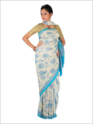 Pure Crepe Printed Saree - Crepe 5.5 Meters Off-White with Blue Prints | Soft Fabric Elegant Design Stylish Drape