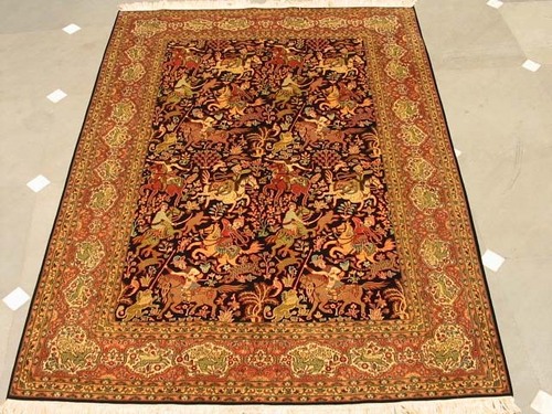 Designer Silk Carpet - Hunting Horses Blue