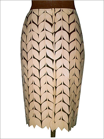 Women Leather Skirts - Genuine Leather, Knee-Length, Beige Zipper | Stylish Geometric Pattern, Durable, Customizable