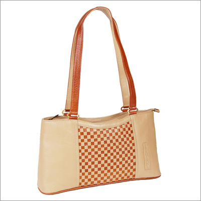 Ladies Hand Bag - Genuine Leather, 12x10x5 Inches, Beige | Zipper Closure, Double Handles, Tear & Water Resistant