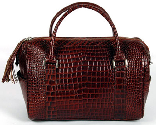 Shoulder Bag - Leather 27x21.5x14 cm Brown, Croc Effect, Detachable Sling, Multiple Pockets