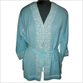 Woolen Hand Embroidered Short Gown - Pure Wool, Light Blue, Hand Ari Embroidery | Belt Closure, 3/4 Sleeve, Customizable Design