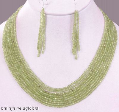 Gemstone Beaded Necklace - Peridot 18-22 Inch 3mm Beads, 9 Strand, 925 Silver Multigemstone Clasp