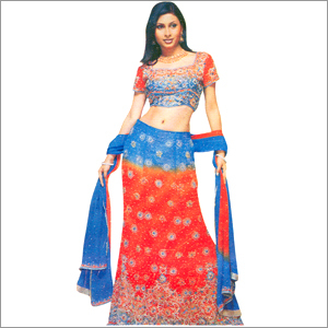 Lehenga - Net Silk Fabric, 44 Inch Length, Custom Size, Red Blue | Handcrafted Embroidery, Elegant Design, Adjustable Waist, Comfortable Fit