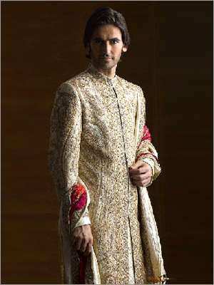 Sherwani - Silk Blend, 50-54 Inches, Beige | Handcrafted Embroidery, Elegant Design, Perfect Fit