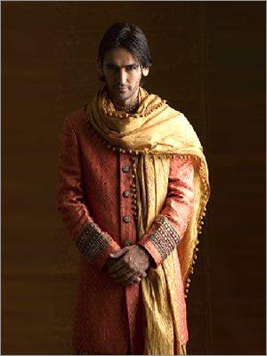 Sherwani - Silk Blend, 48 Inches, Orange | Handcrafted Embroidery, Elegant Design, Comfortable Fit