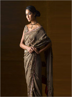 Saree - Georgette 5.5 Meters Brown | Hand-Stitched Embroidered Border Elegant Drape Soft Fabric Intricate Design