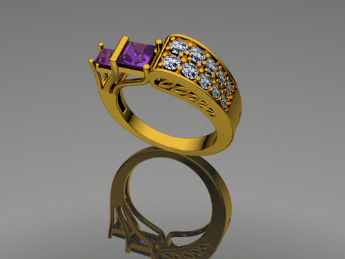 JCT RING 001 - Gold, Size 6-8, 5-10g | Elegant Design, Amethyst & Diamond Gemstones, Polished Finish, Pave and Prong Setting