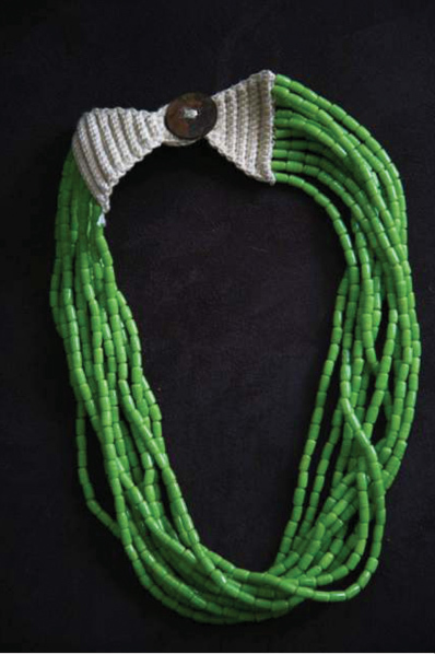 Green multi-strand glass bead necklace with woven thread trim & metal clasp