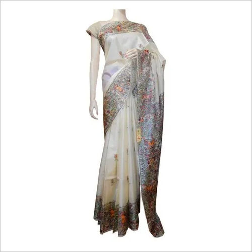 Tussar Painting Silk Saree - 100% Pure Silk Un-Stitched Blouse Size X-Large Natural Color | Handloom Fabric Zari Work Perfect for Wedding and Festive Occasions