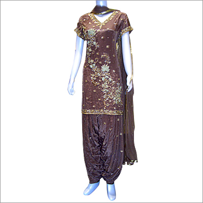 Brown Crepe Kurta & Patiala Salwar & Net Dupatta