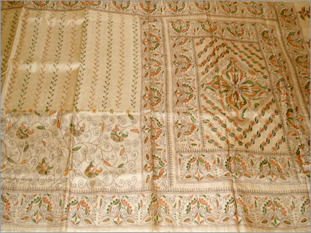 Tassar Katha Saree - Tassar Silk & Cotton, Beige, Handloom | Traditional Design, Cotton Borders, Soft Texture, Durable Fabric