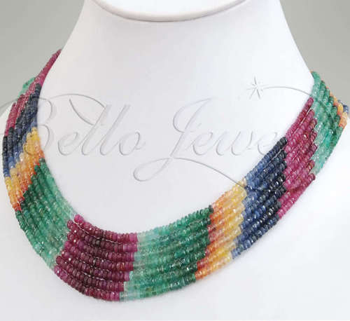 Multicolor Ruby, Emerald, Sapphire Beaded Necklace