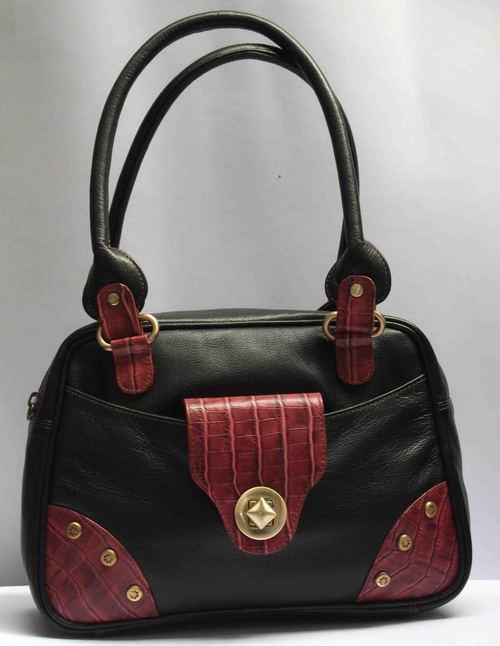 Ladies Leather Handbag (The Vilanelle) - Leather, 12x10x5 Inches, Black | Zip Top, Double Handles, Multiple Interior Pockets