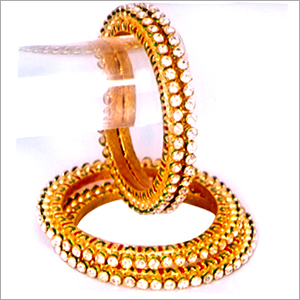 Golden Kundan Bangles - Gold 2.5-3 Inch Diameter, Golden Color | Elegant Design, Traditional Kundan Work, Polished Finish, Velvet Box Packaging