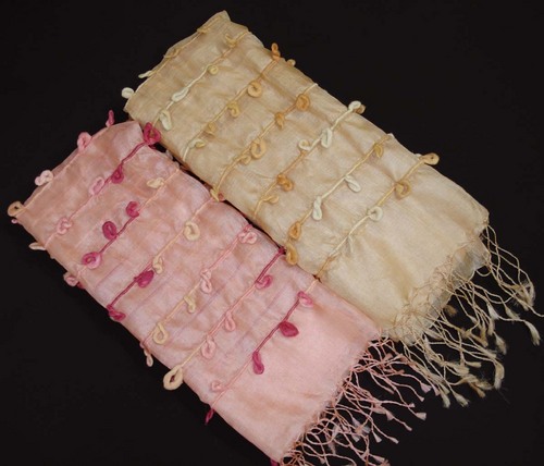 Designer Scarves With Loops - Silk, 70x180 cm, Peach | Soft Fabric, Floral Pattern, Gift Box Packaging