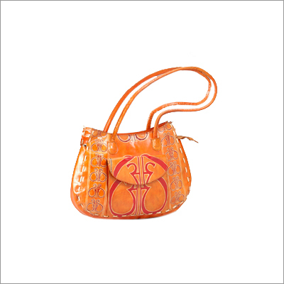 Shantiniketan Ladies Bag - Leather, 33cm x 23cm, Orange | Double Handles, Middle Zip, Front Flap Pocket, Multiple Pockets