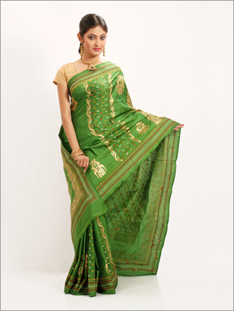 Gold Print Ari Kantha Work in Bangalore Silk Saree