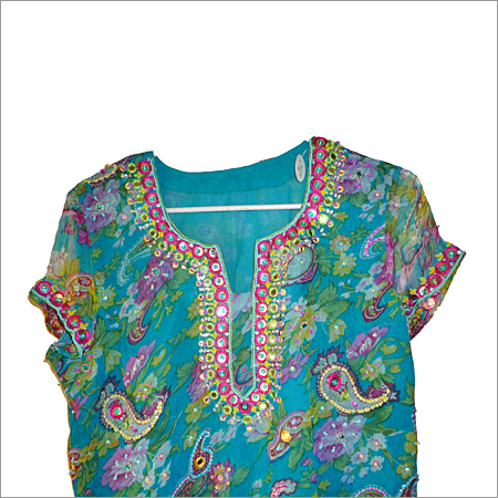Peacock Blue Kurta - Georgette Fabric, Teal Color, V-Neck, Short Sleeves | Stonework Embroidery, Lined, Comfortable Fit, Elegant Design