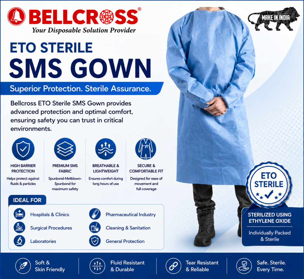 Isolation Gown - Non-Woven Fabric, 55in Wide x 52in Long, Blue - Disposable, Water Repellent, with Elastic Cuffs