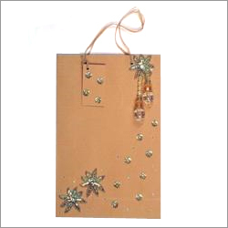 Designer Gift Bags - Cardboard, 12x18 Inches, Beige | Hard Backing, Ribbon Handle, Embellished Finish