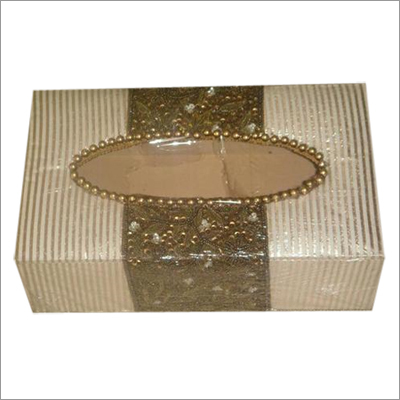 Antique Tissue Boxes - Cardboard Beads, 10x5x4 inches, Beige | Handcrafted Border, Glossy Finish, Elegant Design