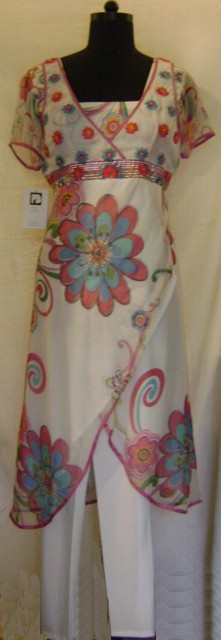 White Draped Printed Chiffon Suit With Churidar