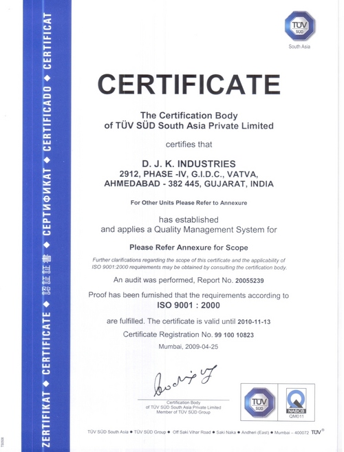 Certificate Of D. J. K. Industries