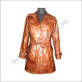 Women Leather Long Coat - Lamb Bugatti Leather, M-l-xl, Dark Tan | Button Closure, Belted, Satin Lining, 3/4 Length, Long Sleeves