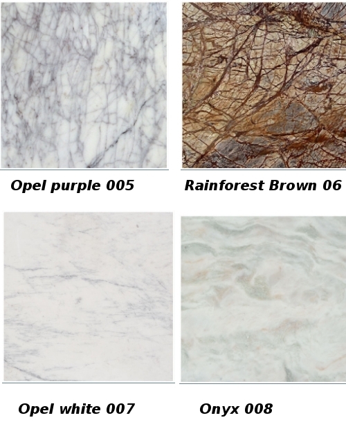 Onyx Marble, Opel Purple & Whie, Rainforest Brown
