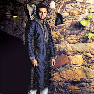 Fashion Wedding Sherwani - Silk Blend Knee Length Navy Blue | Sequin & Bead Work Elegant Stylish Perfect Fit