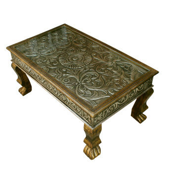 Carved Metal Wooden Coffee Table