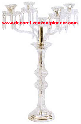 Antique Candle Holder - Crystal, 6-24 Inches, Electroplated Chrome/Nickel/Gold, 5-Arms Candelabra Centerpiece