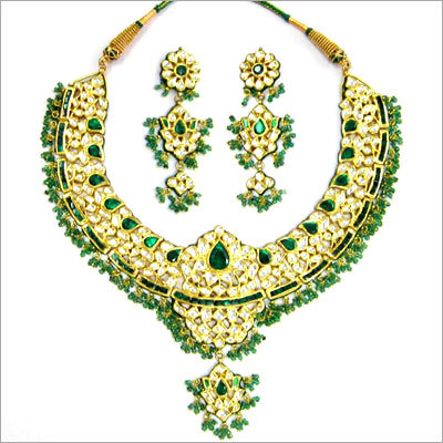 Necklace Set - Gold-Plated Alloy, 16-18 Inches, Green | Intricate Kundan Work, Antique Finish, Matching Drop Earrings