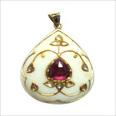 Pendant - Gold, 20x15 mm, White Enamel Ruby, Elegant Design, Indian Handicraft, Prong Setting