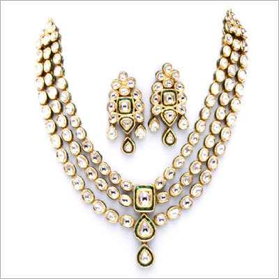 3 Line Set - Metal With Cubic Zirconia, 16-18 Inches, Gold Plated | Elegant Design, Dangling Earrings, Indian Handicraft