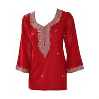 Kurtis - Chiffon, Multiple Sizes, Red | Silver Embroidery, Elegant Design, Soft Fabric, Comfortable Fit, Unique Style, Versatile Wear, Hip Length, V-Neck, Three-Quarter Sleeve