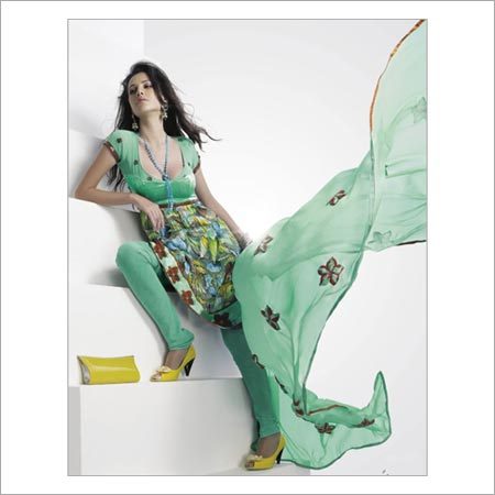 Aqua Blue Faux Georgette Churidar Kameez Dupatta