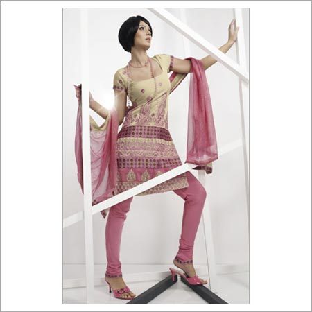 Beige Faux Crepe Churidar Kameez with Dupatta