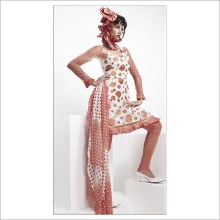 Off White Net Churidar Kameez with Dupatta