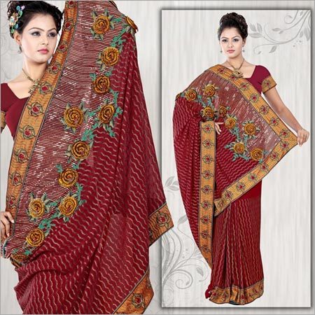 Maroon Faux Georgette Saree With Blouse