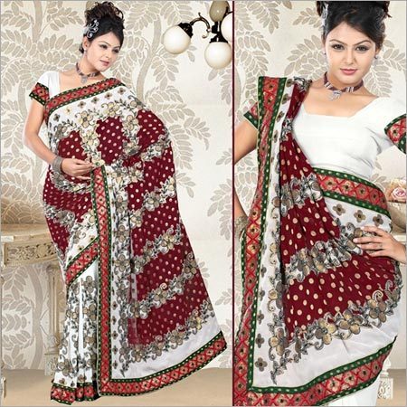 Off White Faux Georgetta Saree with Blouse