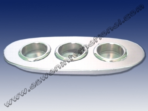 Oval Boat Shape Three Ink Pot Holder - Brass, 23x9x3 cm, Silver Plated | Elegant Design, Three Inkwells, Organized Desk