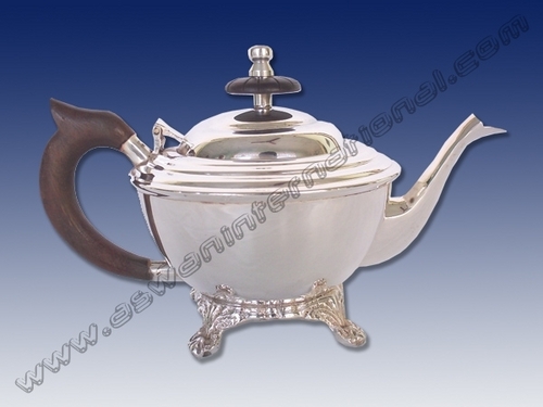 Small Round Teapot Wooden Handle 4cc - Brass Sheet, 20x13x10 cm, Silver Plated, Wooden Handle, Brass Lid