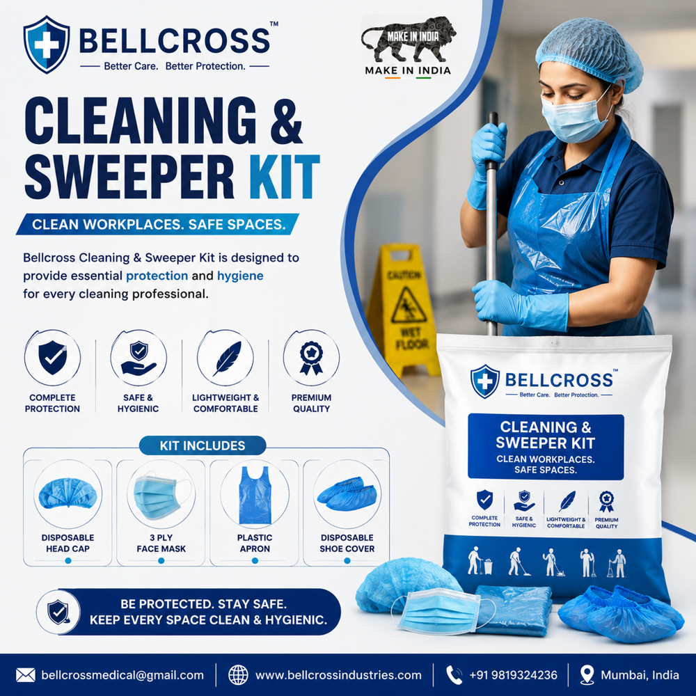 Cleaning And Sweepers Kit - Plastic Material, Disposable Head Cap (1), Face Mask (1), Protective PVC Inner Apron, Hand Gloves (2) | Blue, Manual Operation, Portable Use