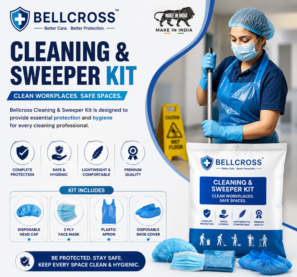 Cleaning And Sweepers Kit - Plastic Material, Disposable Head Cap (1), Face Mask (1), Protective PVC Inner Apron, Hand Gloves (2) | Blue, Manual Operation, Portable Use