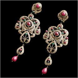 Silver Jewellery - Sterling Silver 50x25 mm, Polished Finish, Rubies & Emeralds, Elegant Dangle Design